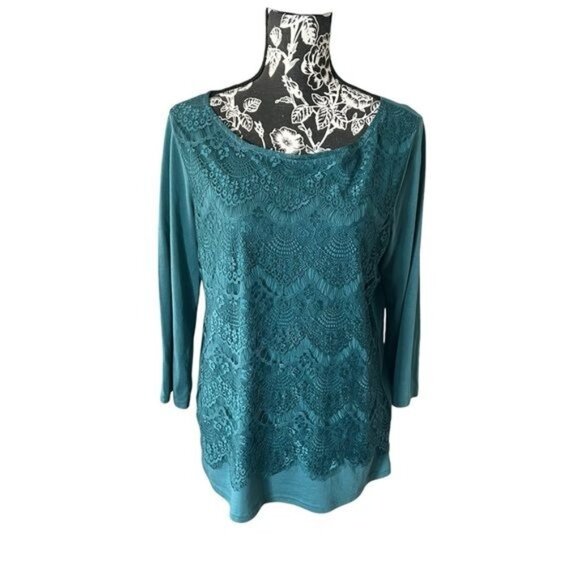 Garnet Hill Womens Green Lace Front Blouse Shirt Top Long Sleeve Medium - Picture 1 of 6